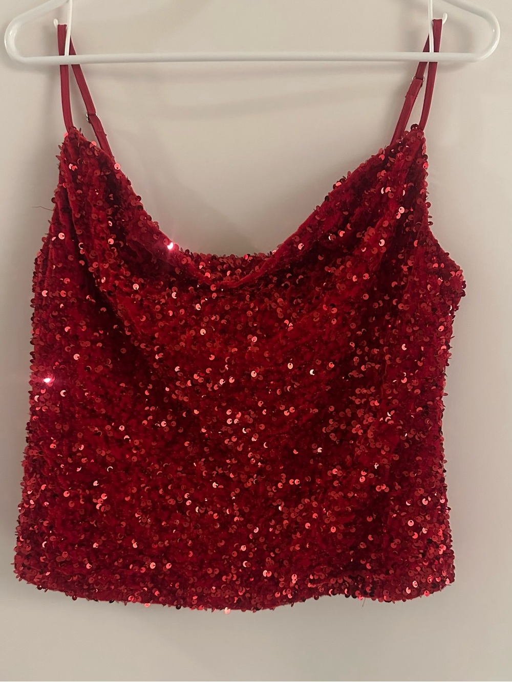 Express Red Sequin Cowl Neck Spaghetti Strap Tank